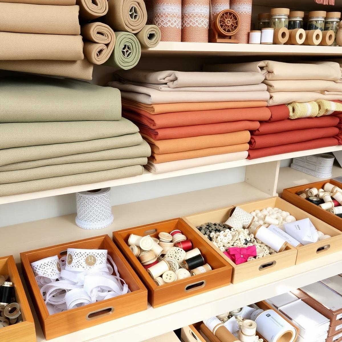 Prateleiras com tecidos, linhas e materiais de artesanato