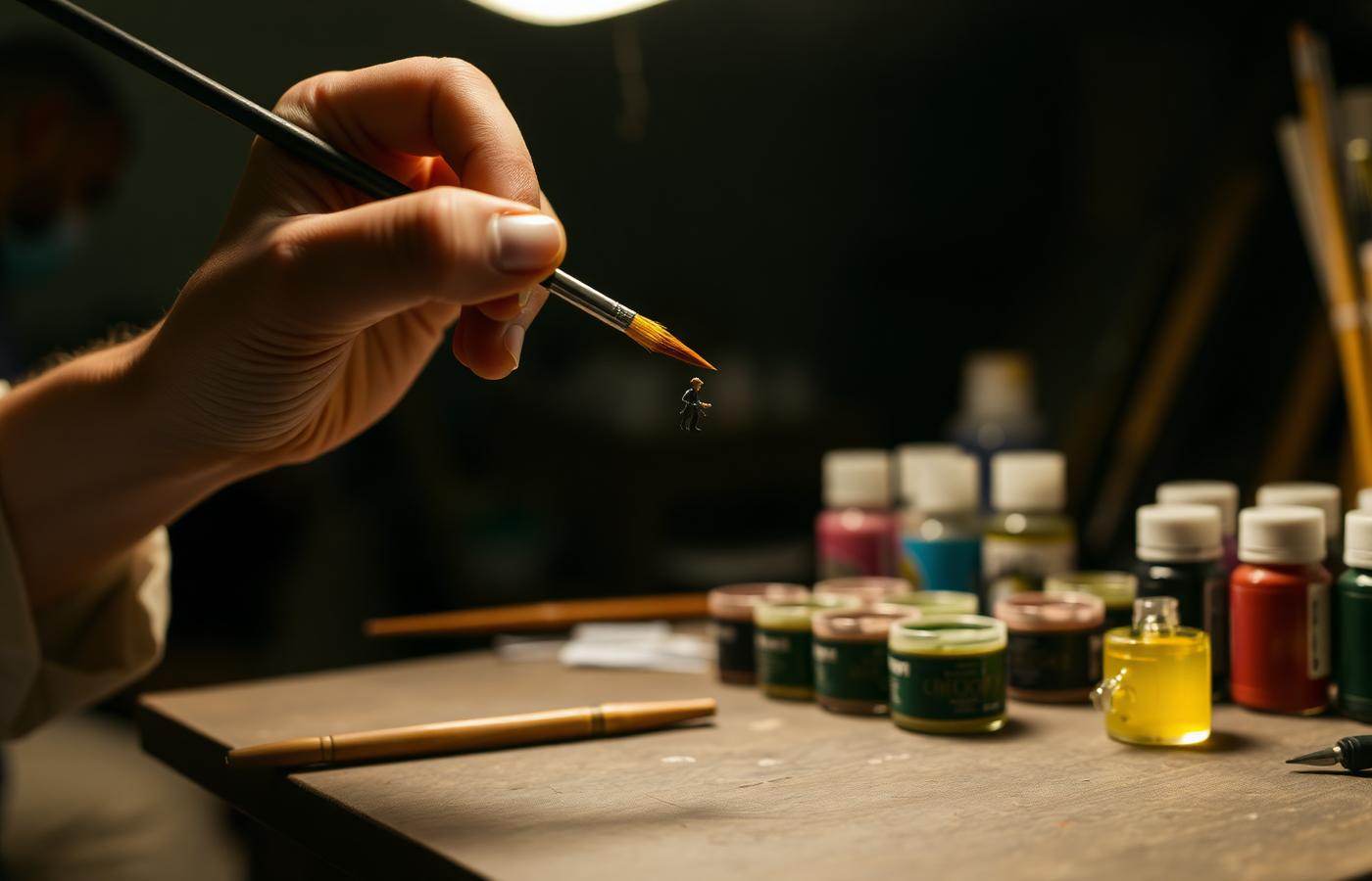 Pincel a trabalhar o detalhe de uma miniatura